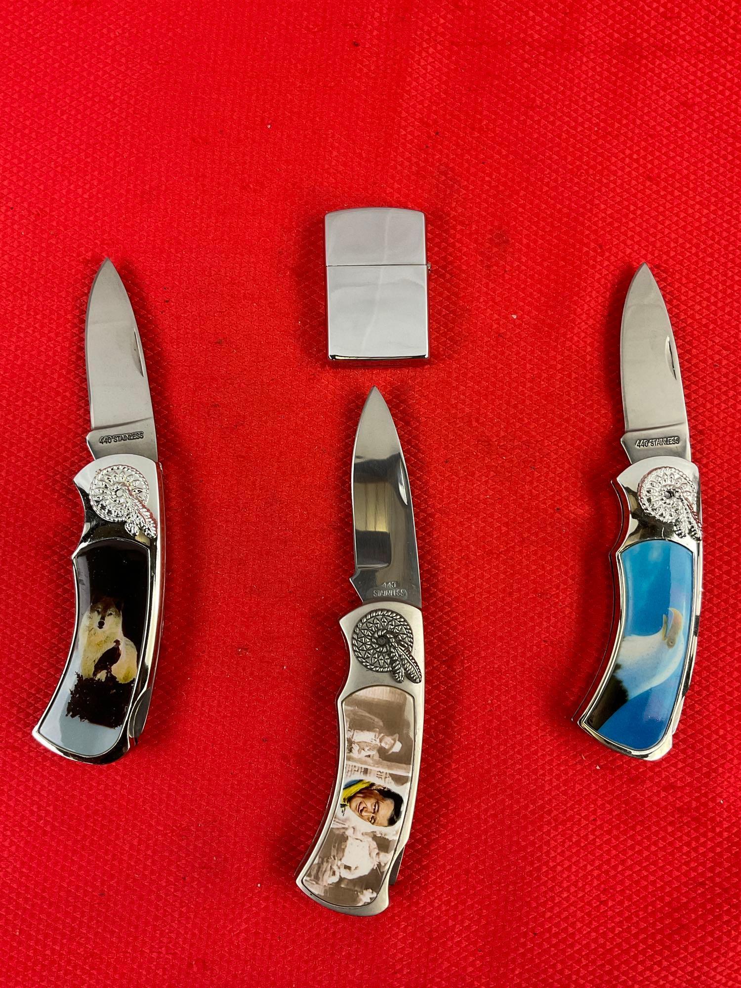 4 pcs Modern Collectible Accessories Assortment. 3x Folding Pocket Knives, 1x Lighter. As Is. See