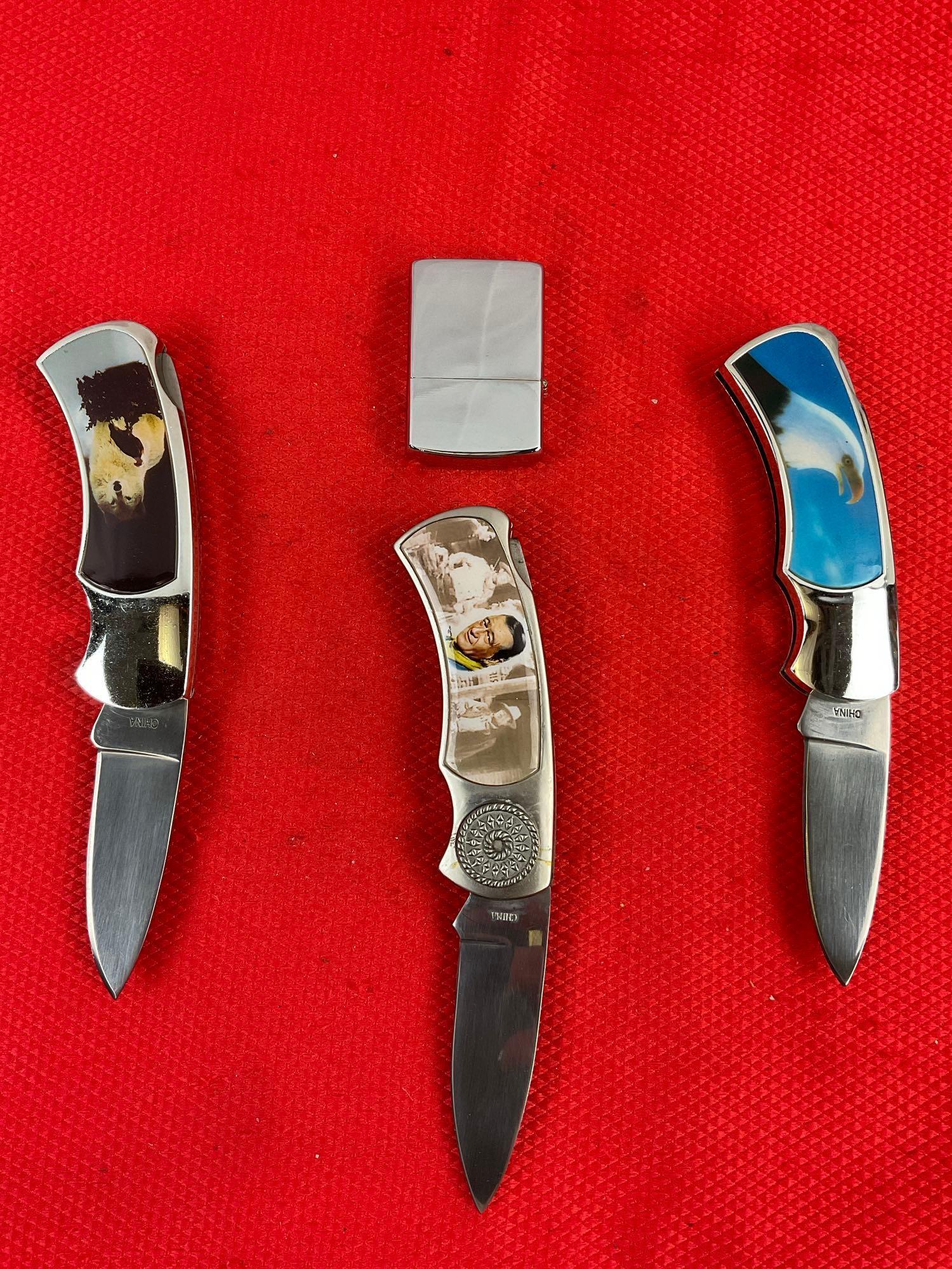 4 pcs Modern Collectible Accessories Assortment. 3x Folding Pocket Knives, 1x Lighter. As Is. See