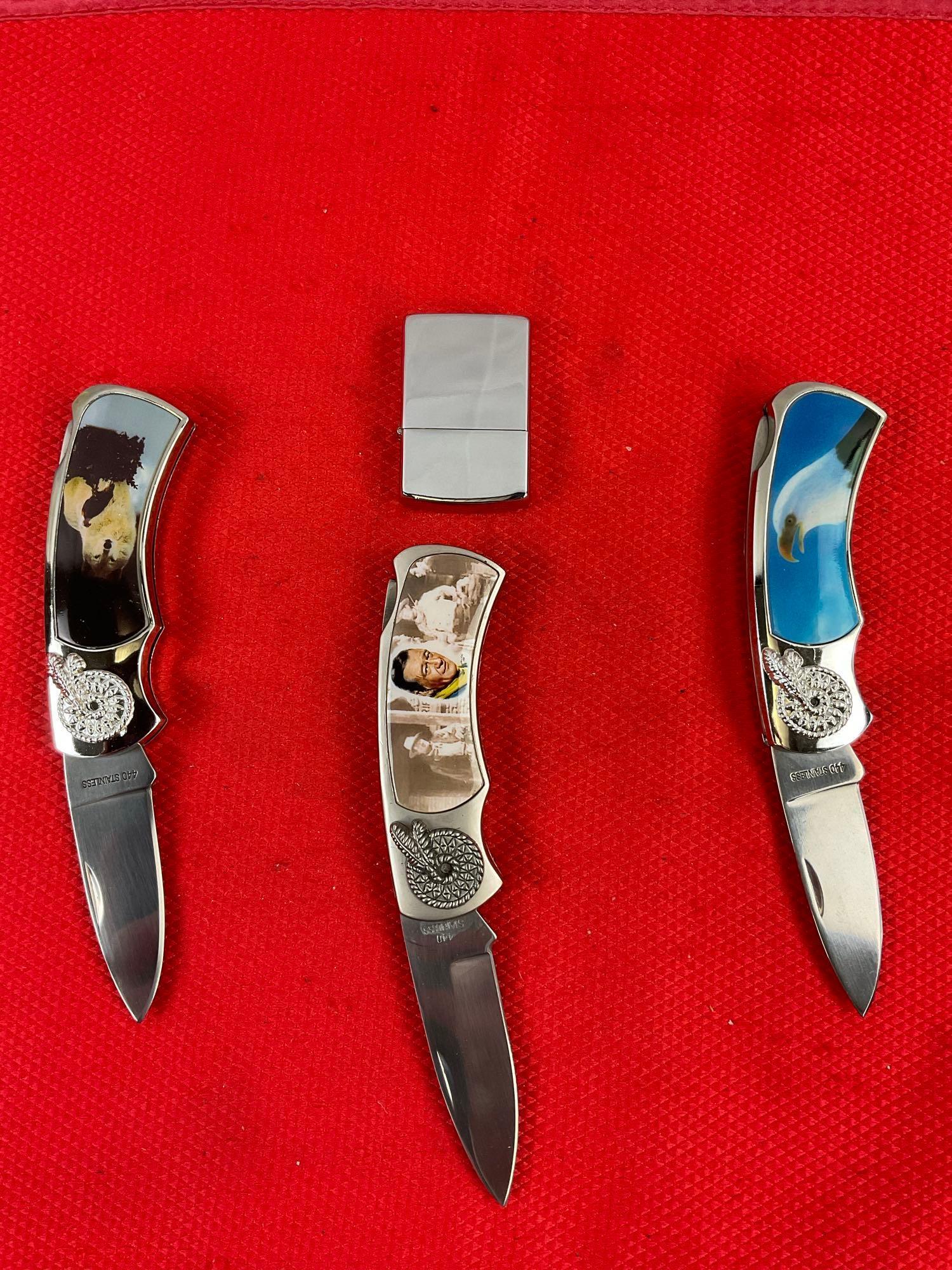 4 pcs Modern Collectible Accessories Assortment. 3x Folding Pocket Knives, 1x Lighter. As Is. See