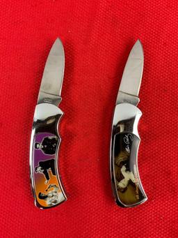 2 pcs Collectible Elvis Presley Handle Folding Pocket Knives Models KB6214 & KB6219. NIB. See pics.