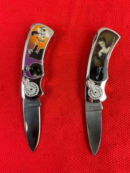 2 pcs Collectible Elvis Presley Handle Folding Pocket Knives Models KB6214 & KB6219. NIB. See pics.