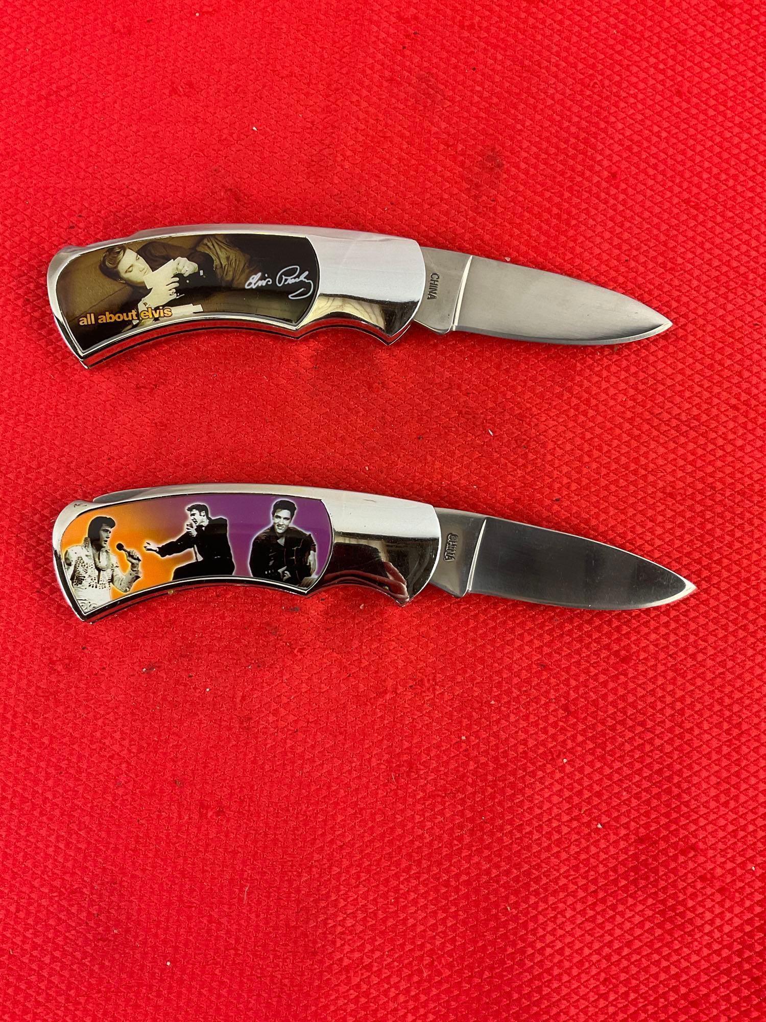 2 pcs Collectible Elvis Presley Handle Folding Pocket Knives Models KB6214 & KB6219. NIB. See pics.