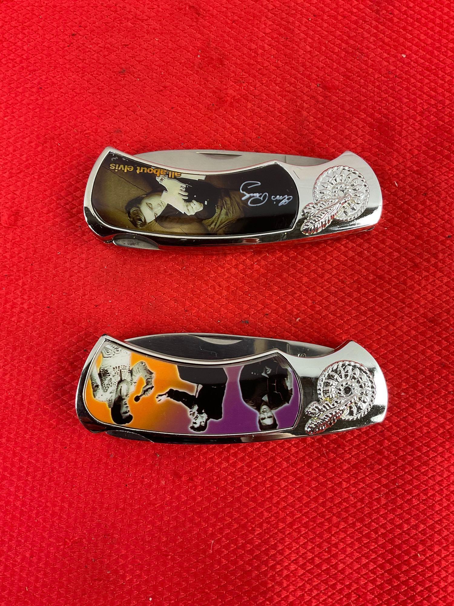 2 pcs Collectible Elvis Presley Handle Folding Pocket Knives Models KB6214 & KB6219. NIB. See pics.