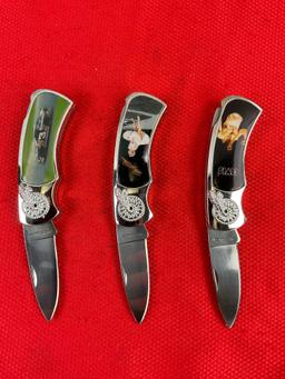 3 pcs Collectible Folding Pocket Knives w/ Boxes Models KB6218, KB6215, KB18772. NIB. See pics.