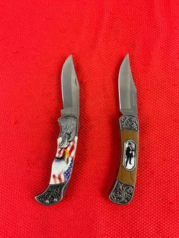 2 pcs Collectible Folding Pocket Knives w/ Wooden Boxes Models KN110WE & KN1105E. NIB. See pics.