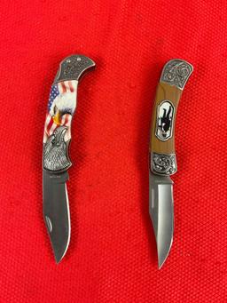 2 pcs Collectible Folding Pocket Knives w/ Wooden Boxes Models KN110WE & KN1105E. NIB. See pics.