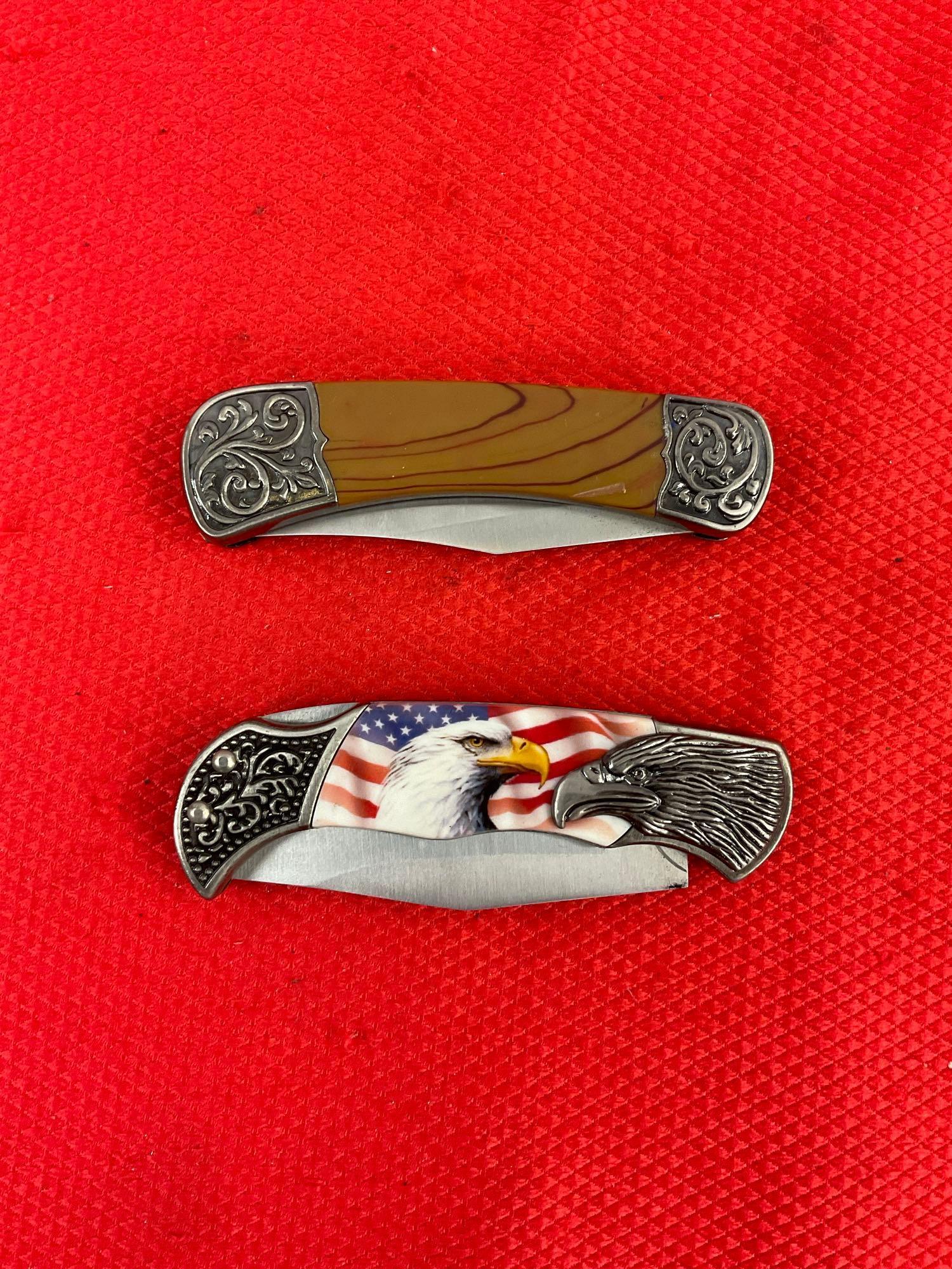 2 pcs Collectible Folding Pocket Knives w/ Wooden Boxes Models KN110WE & KN1105E. NIB. See pics.