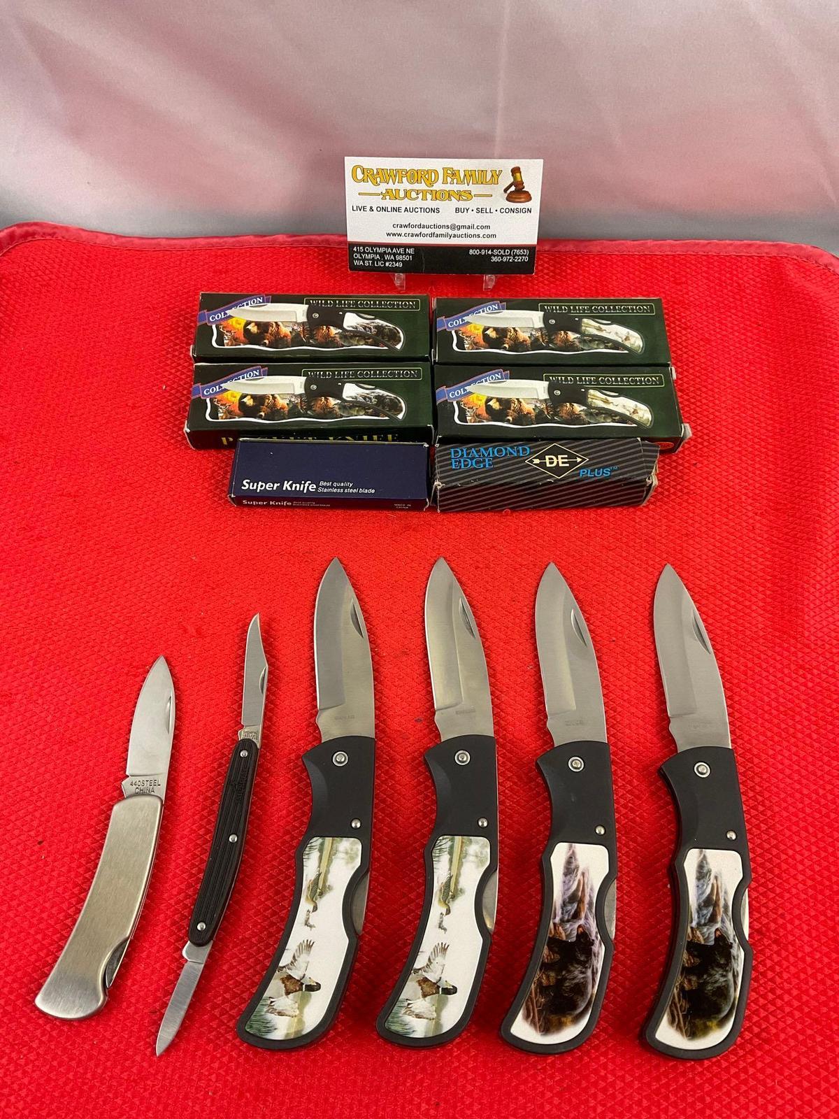 6 pcs Collectible Folding Blade Pocket Knives. 1x Super Knife, 1x Vintage Imperial Schrade. NIB. ...