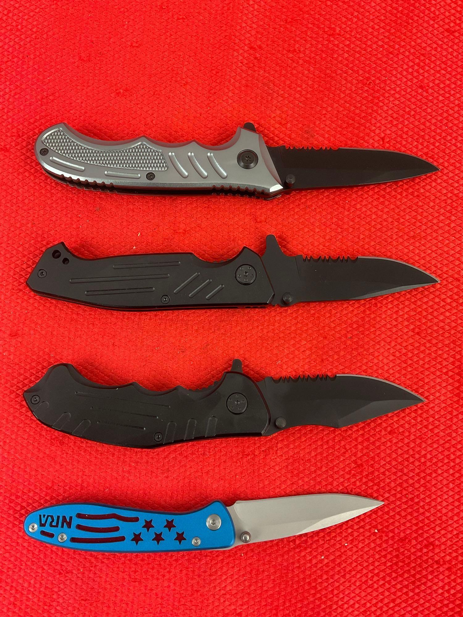 4 pcs Super Knife Steel Folding Blade Pocket Knives Assortment. 1x NRA Logo. NIB. See pics.