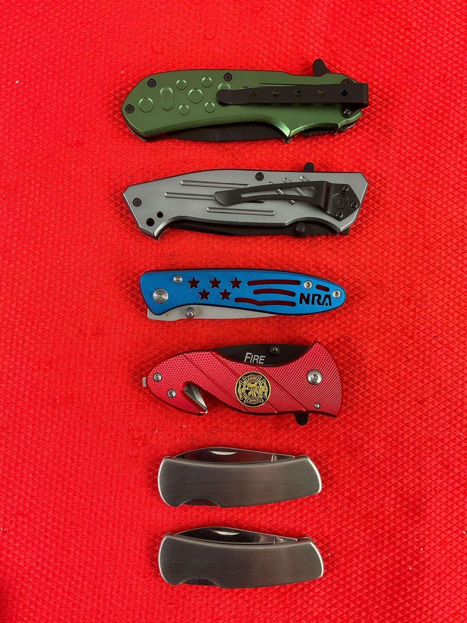 6 pcs Super Knife Steel Folding Blade Pocket Knives Assortment. 1x NRA Logo. NIB. See pics.