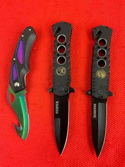 3 pcs Super Knife Steel Folding Blade Pocket Knives Models 210398, YC-529BMR & YC-529BSP. NIB. See