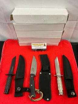 5 pcs Defender Steel Fixed Blade Hunting Knives w/ Sheathes Models 5219, 5220, 5221. NIB. See pics.
