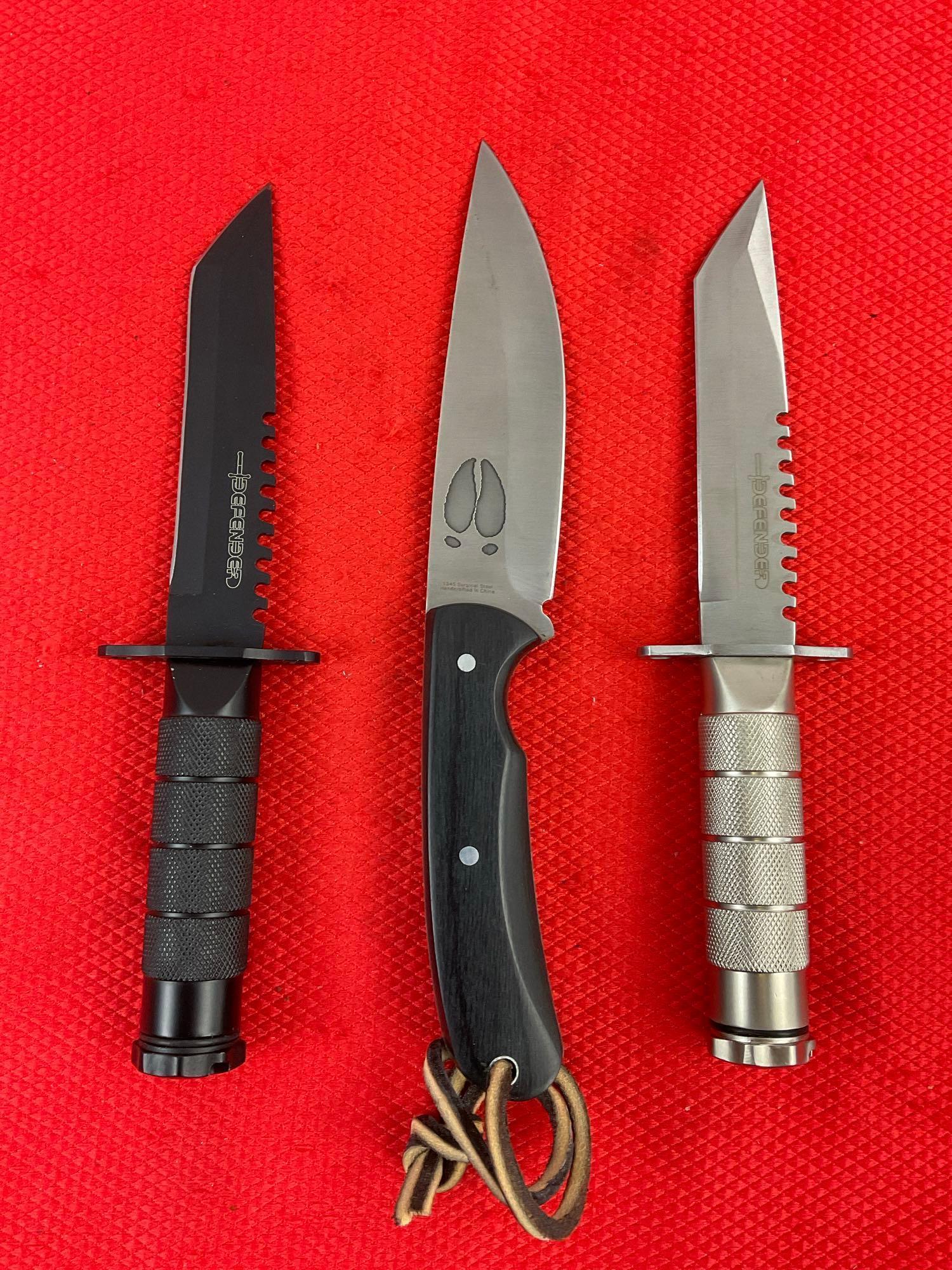 5 pcs Defender Steel Fixed Blade Hunting Knives w/ Sheathes Models 5219, 5220, 5221. NIB. See pics.