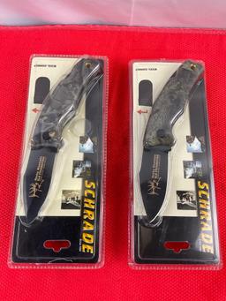 Pair of Schrade 3.5" Steel Folding Blade Hunting Knives w/ Sheathes Model SG8RMCP. NIB. See pics.