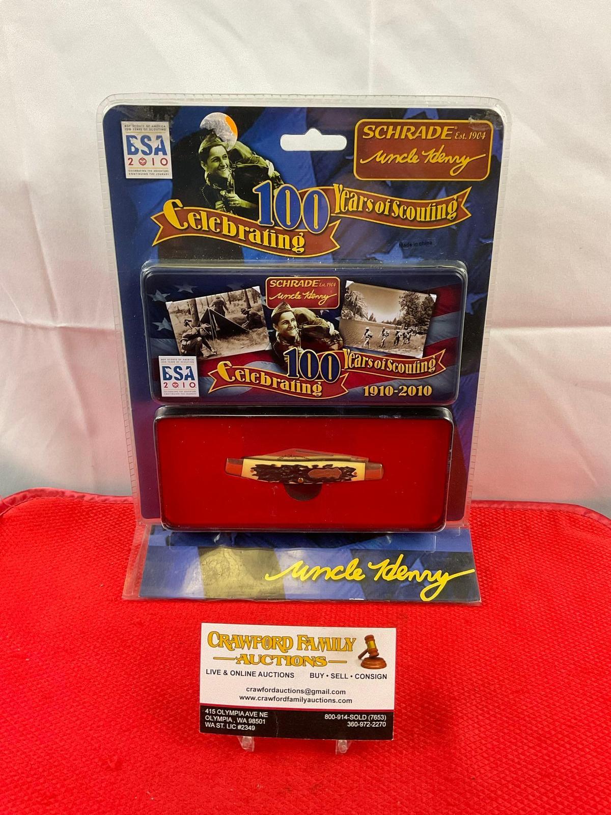 Schrade Boy Scouts 100 Year Celebration Folding Pocket Knife in Tin Box Model 885UHBSATCP. NIB. See