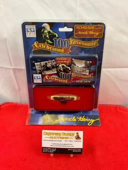 Schrade Boy Scouts 100 Year Celebration Folding Pocket Knife in Tin Box Model 885UHBSATCP. NIB. See