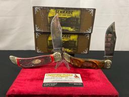 2x Limited Issue Handmade Schrade Knives, model SCLTRPB & SCLD engraved blade Deer & Turkey scenes