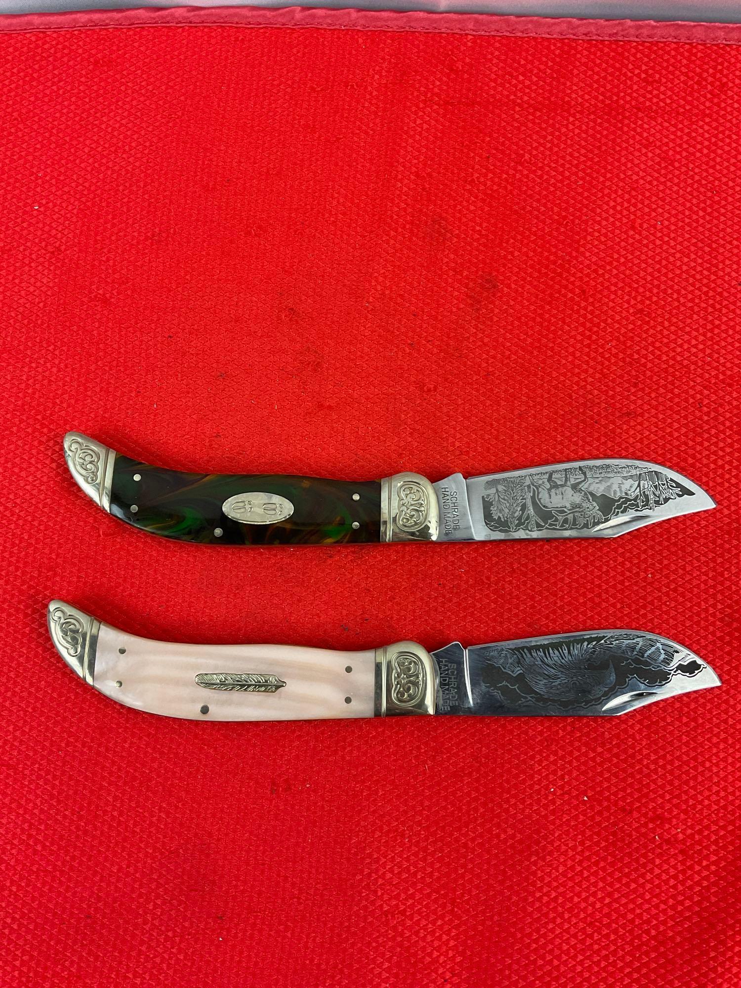 2 pcs Schrade Collectible Folding Blade Pocket Hunting Knives in Boxes. Ltd Ed 2007 & 2008. NIB. ...