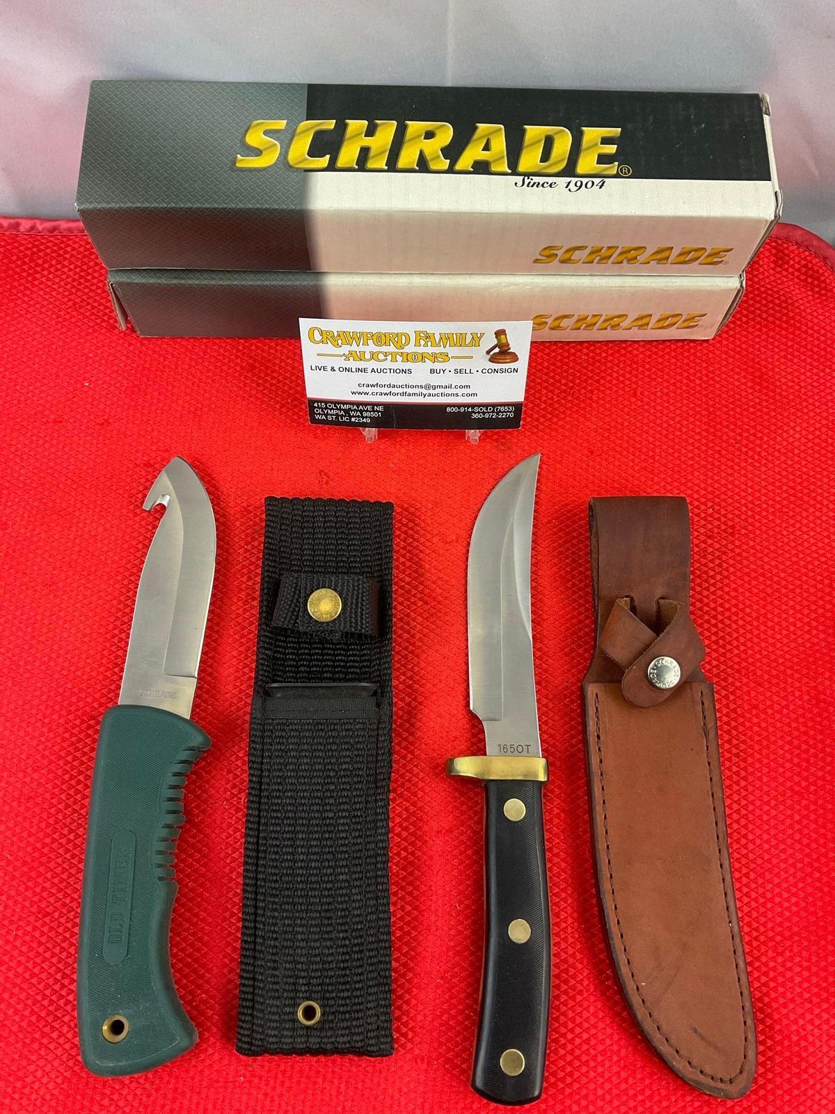 2 pcs Schrade Steel Fixed Blade Hunting Knives w/ Sheathes Models 1430T & 1650T. NIB. See pics.