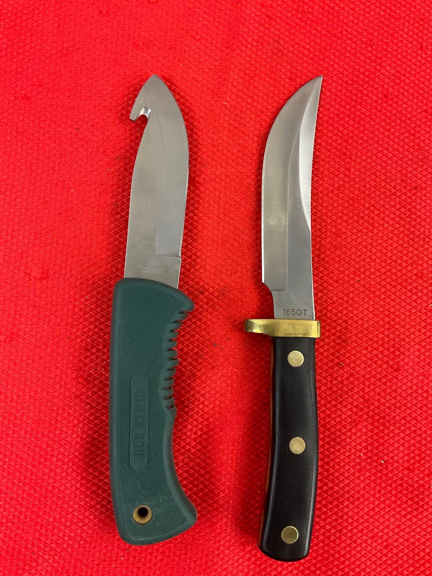 2 pcs Schrade Steel Fixed Blade Hunting Knives w/ Sheathes Models 1430T & 1650T. NIB. See pics.