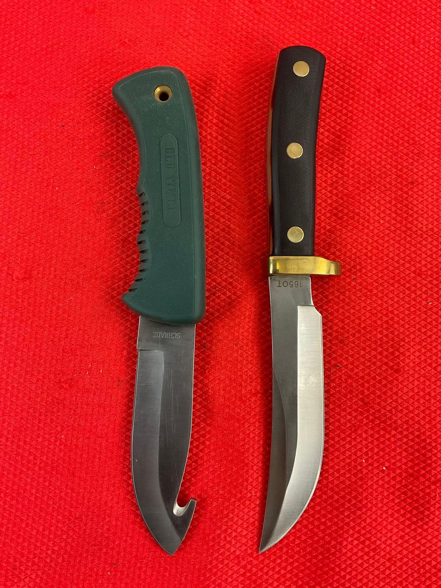 2 pcs Schrade Steel Fixed Blade Hunting Knives w/ Sheathes Models 1430T & 1650T. NIB. See pics.