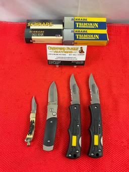 4 pcs Schrade Steel Folding Blade Pocket Knives Models 2x TM5, LB2 & SMEDGB. NIB. See pics.