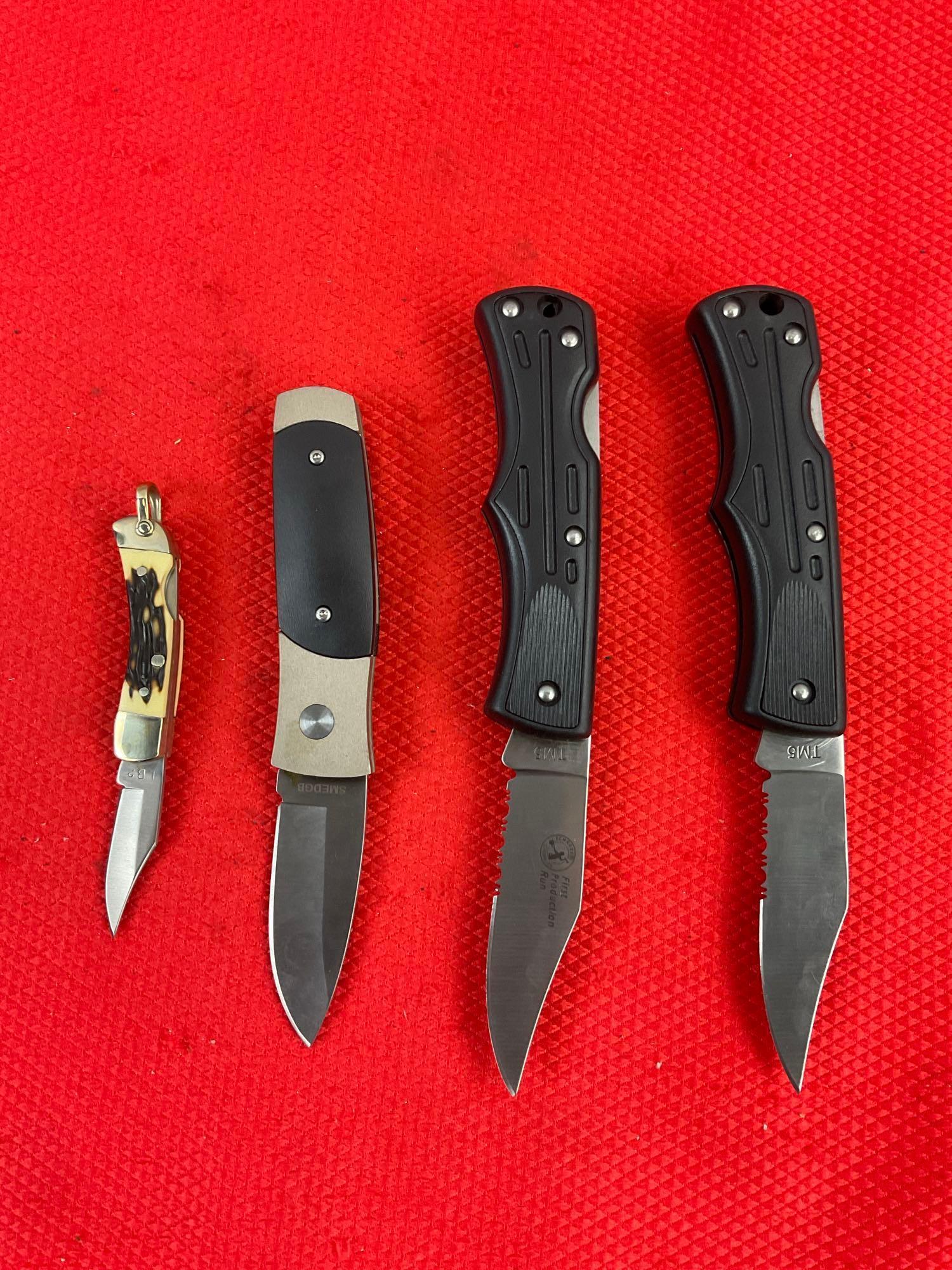 4 pcs Schrade Steel Folding Blade Pocket Knives Models 2x TM5, LB2 & SMEDGB. NIB. See pics.