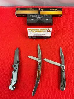 3 pcs Steel Folding Blade Pocket Knife Assortment. 2x Schrade Imperial, 1x SOG. NIB. See pics.