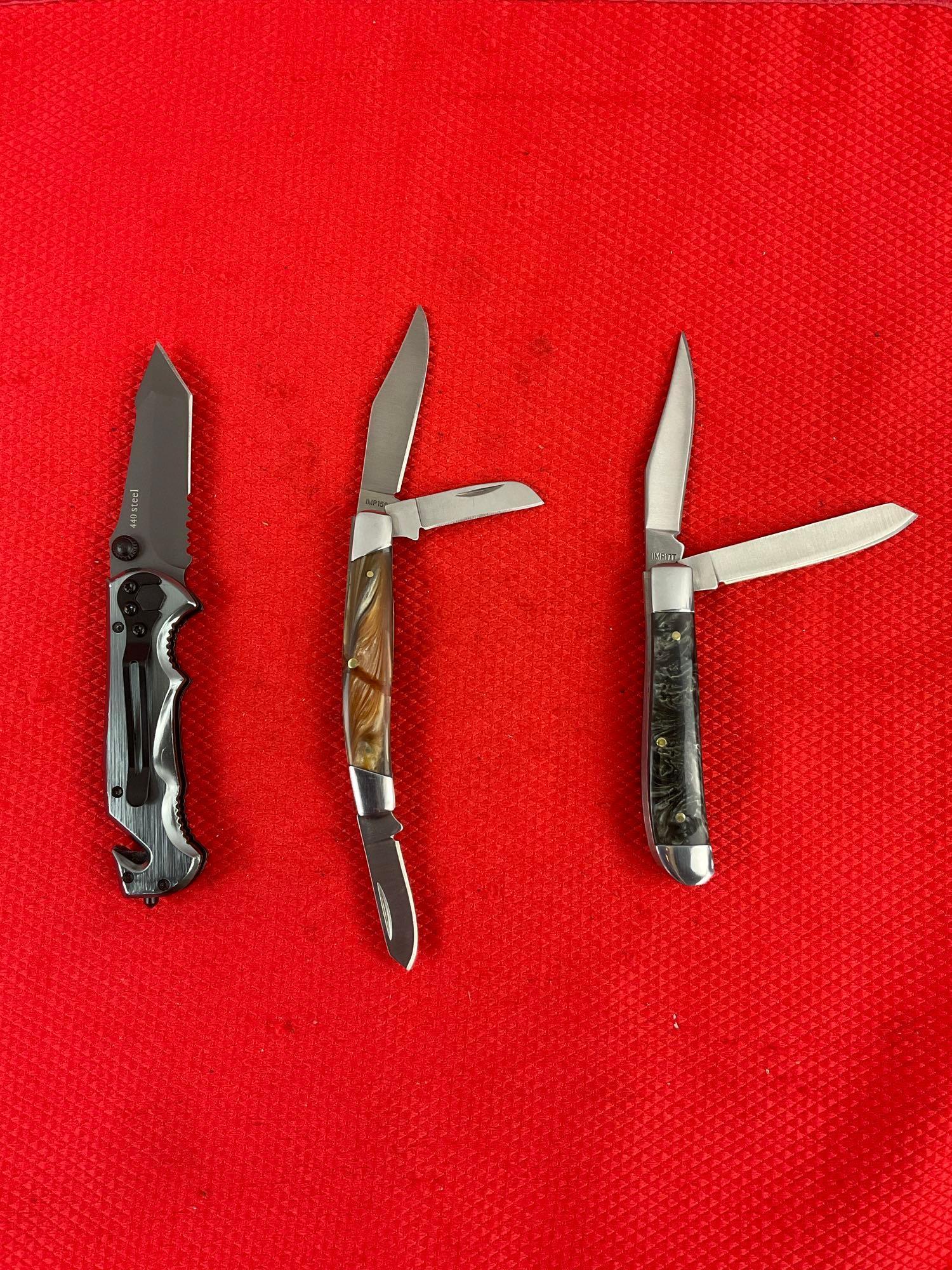 3 pcs Steel Folding Blade Pocket Knife Assortment. 2x Schrade Imperial, 1x SOG. NIB. See pics.