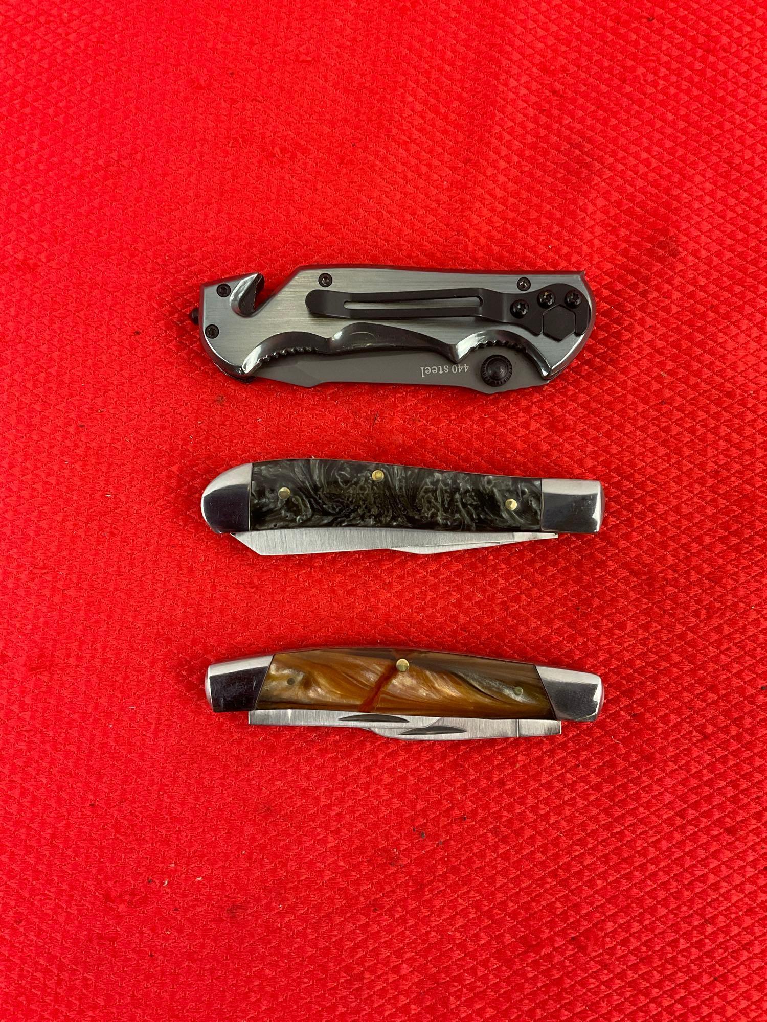 3 pcs Steel Folding Blade Pocket Knife Assortment. 2x Schrade Imperial, 1x SOG. NIB. See pics.