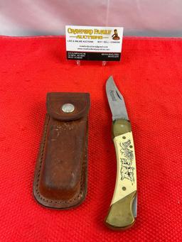 Schrade Scrimshaw 3.5" Steel Folding Blade Pocket Knife w/ Lynx Etching Model SC507. See pics.