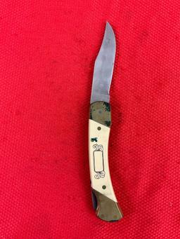 Schrade Scrimshaw 3.5" Steel Folding Blade Pocket Knife w/ Lynx Etching Model SC507. See pics.