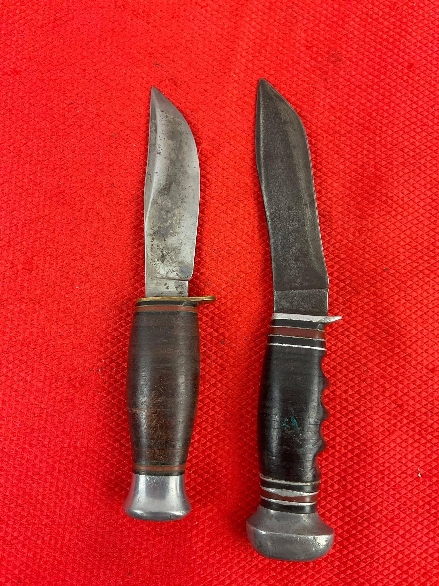 2 pcs Vintage Steel Fixed Blade Boy Scout Knives w/ Sheathes. Remington RH-30. J. Nowill & Sons. ...