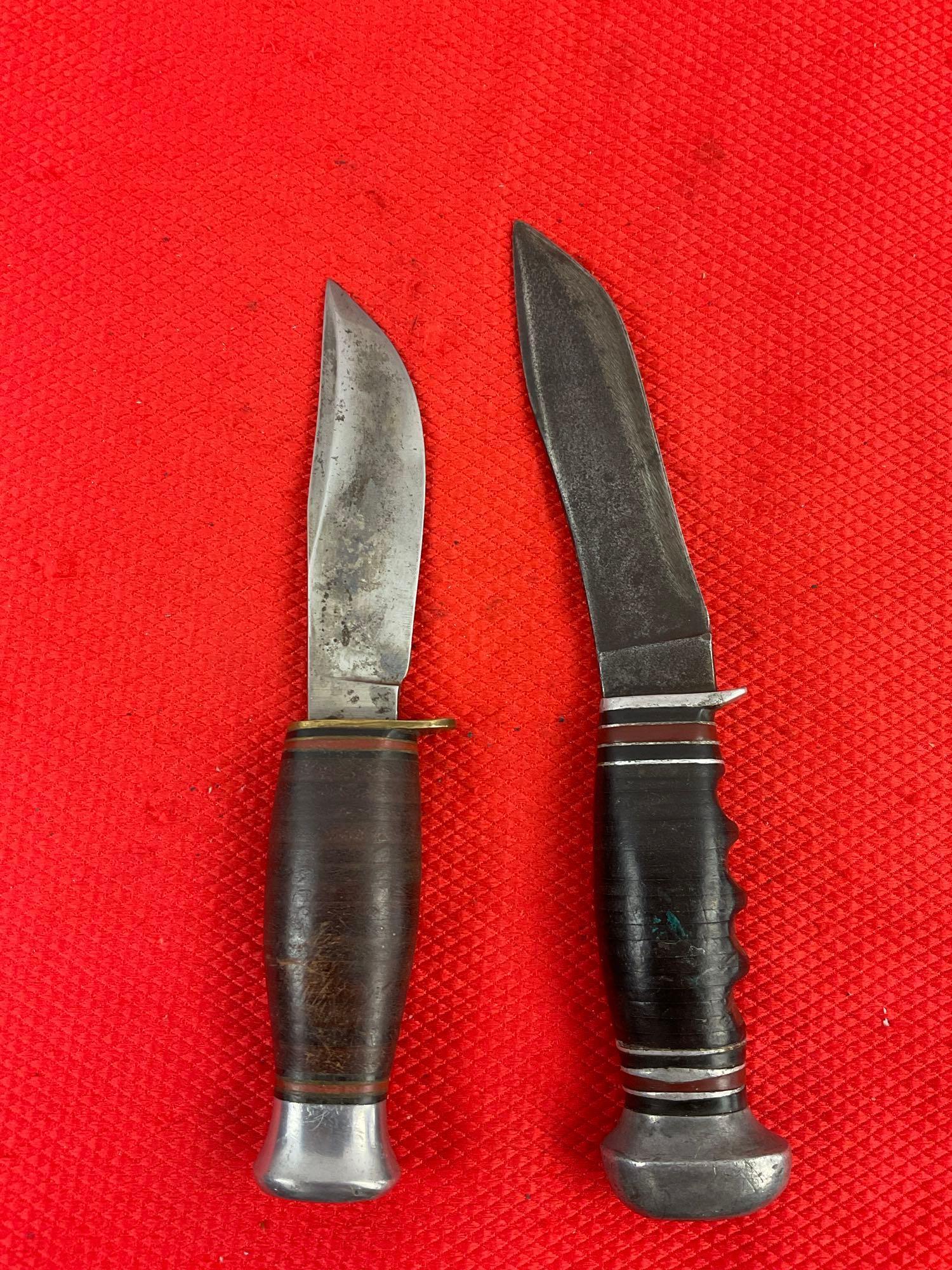 2 pcs Vintage Steel Fixed Blade Boy Scout Knives w/ Sheathes. Remington RH-30. J. Nowill & Sons. ...