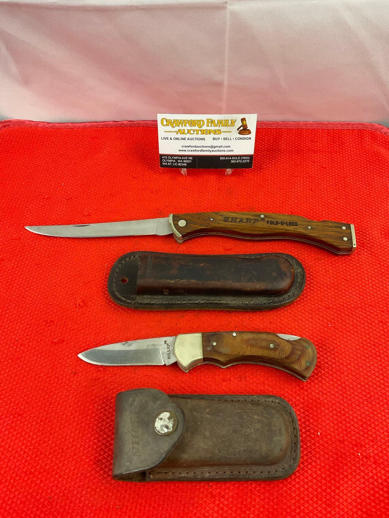 2 pcs Vintage Sharp 440 Steel Folding Blade Knives w/ Sheathes, 1x Fold-n-Lock, 1x 33818. See pics.