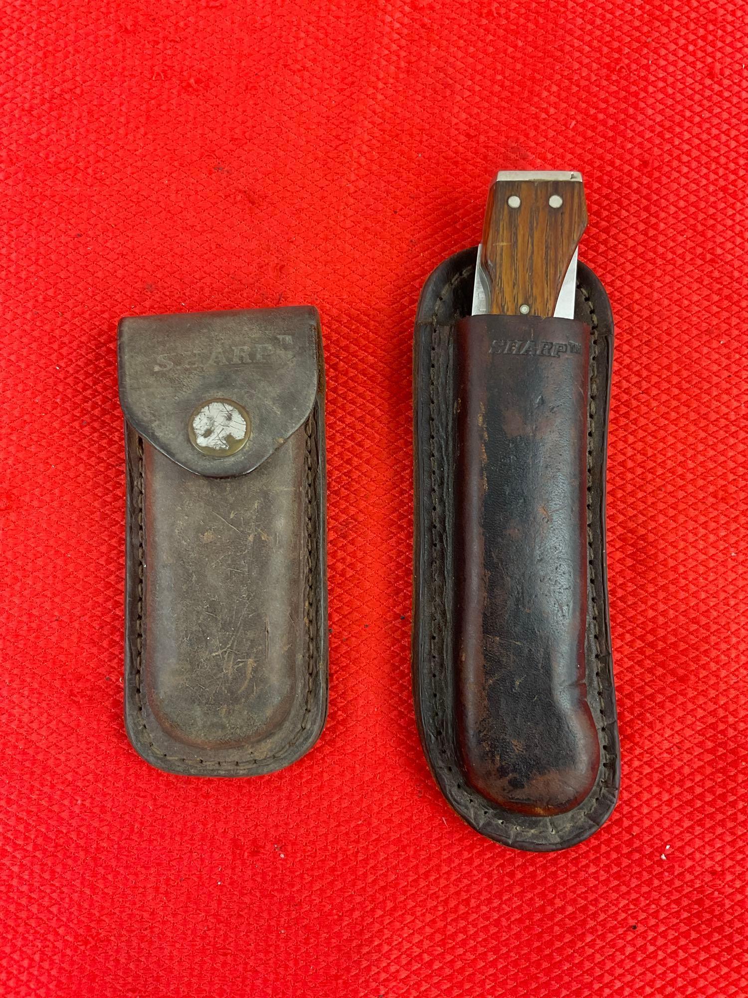 2 pcs Vintage Sharp 440 Steel Folding Blade Knives w/ Sheathes, 1x Fold-n-Lock, 1x 33818. See pics.