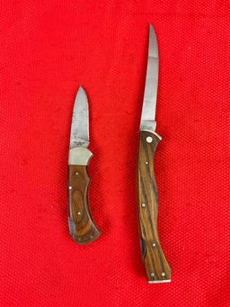 2 pcs Vintage Sharp 440 Steel Folding Blade Knives w/ Sheathes, 1x Fold-n-Lock, 1x 33818. See pics.