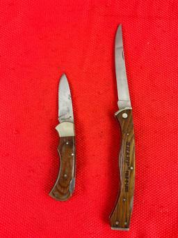 2 pcs Vintage Sharp 440 Steel Folding Blade Knives w/ Sheathes, 1x Fold-n-Lock, 1x 33818. See pics.