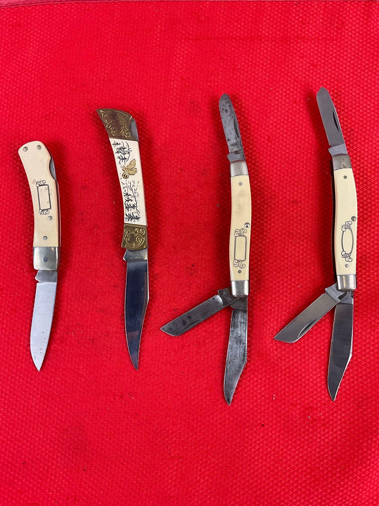 4 pcs Vintage Steel Folding Blade Pocket Knife Assortment. 3x Schrade Scrimshaw, 1x MB407. See pi...