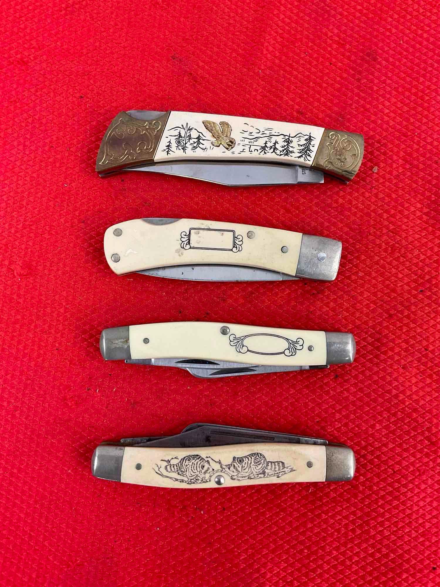 4 pcs Vintage Steel Folding Blade Pocket Knife Assortment. 3x Schrade Scrimshaw, 1x MB407. See pi...