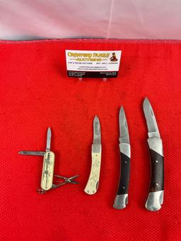 4 pcs Vintage Folding Blade Pocket Knife Assortment, 2x Buck, 1x Schrade Scrimshaw & 1 Barlow. See