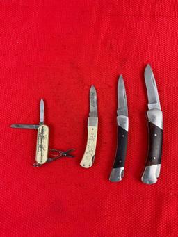 4 pcs Vintage Folding Blade Pocket Knife Assortment, 2x Buck, 1x Schrade Scrimshaw & 1 Barlow. See