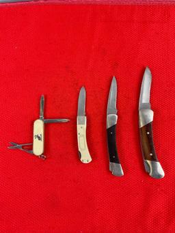 4 pcs Vintage Folding Blade Pocket Knife Assortment, 2x Buck, 1x Schrade Scrimshaw & 1 Barlow. See