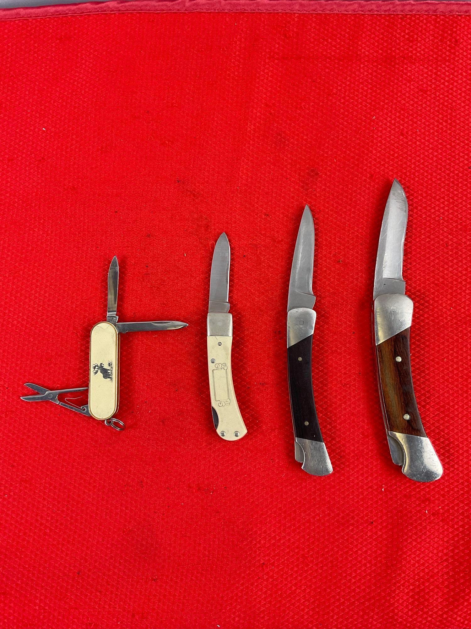 4 pcs Vintage Folding Blade Pocket Knife Assortment, 2x Buck, 1x Schrade Scrimshaw & 1 Barlow. See