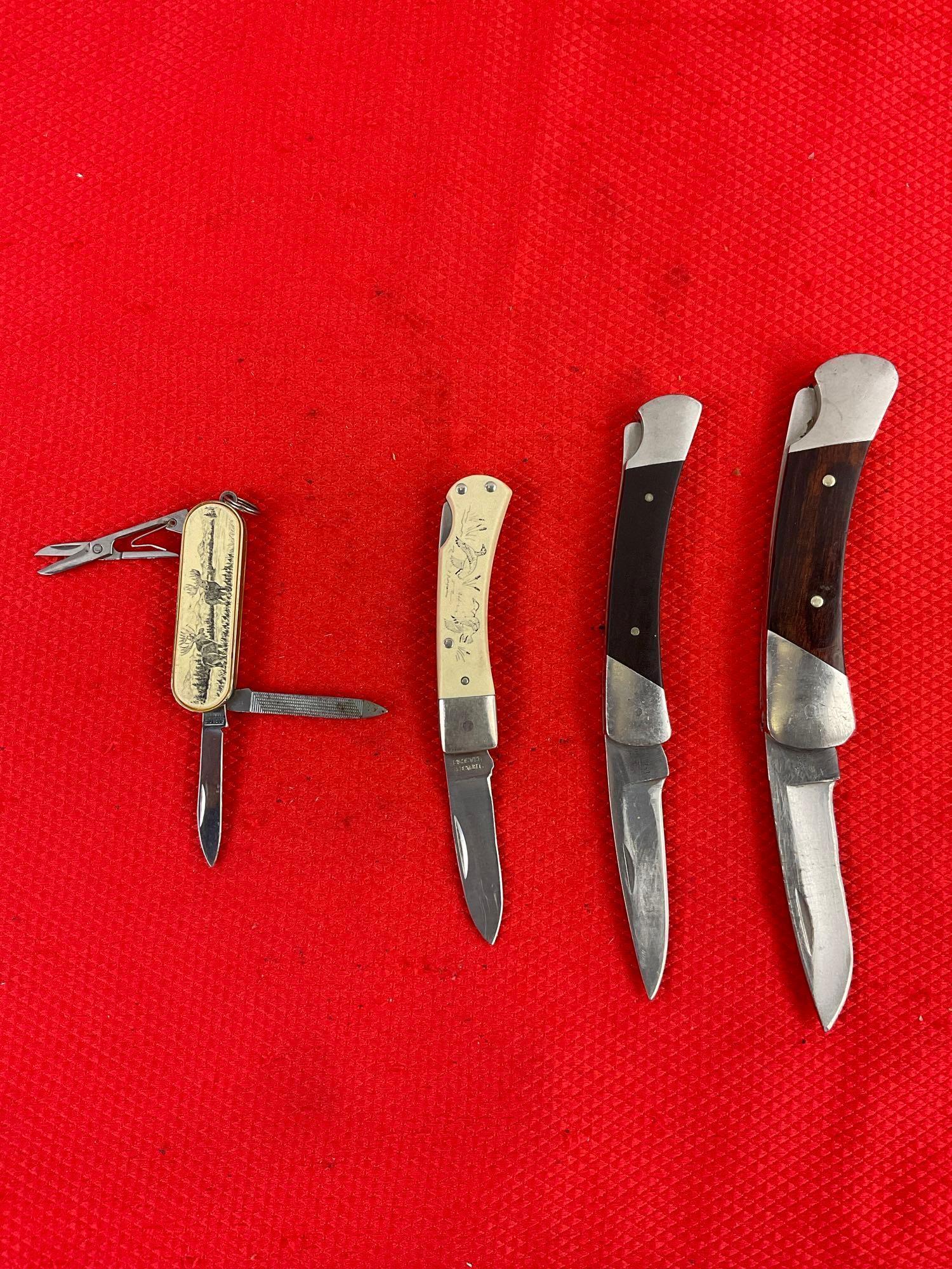 4 pcs Vintage Folding Blade Pocket Knife Assortment, 2x Buck, 1x Schrade Scrimshaw & 1 Barlow. See