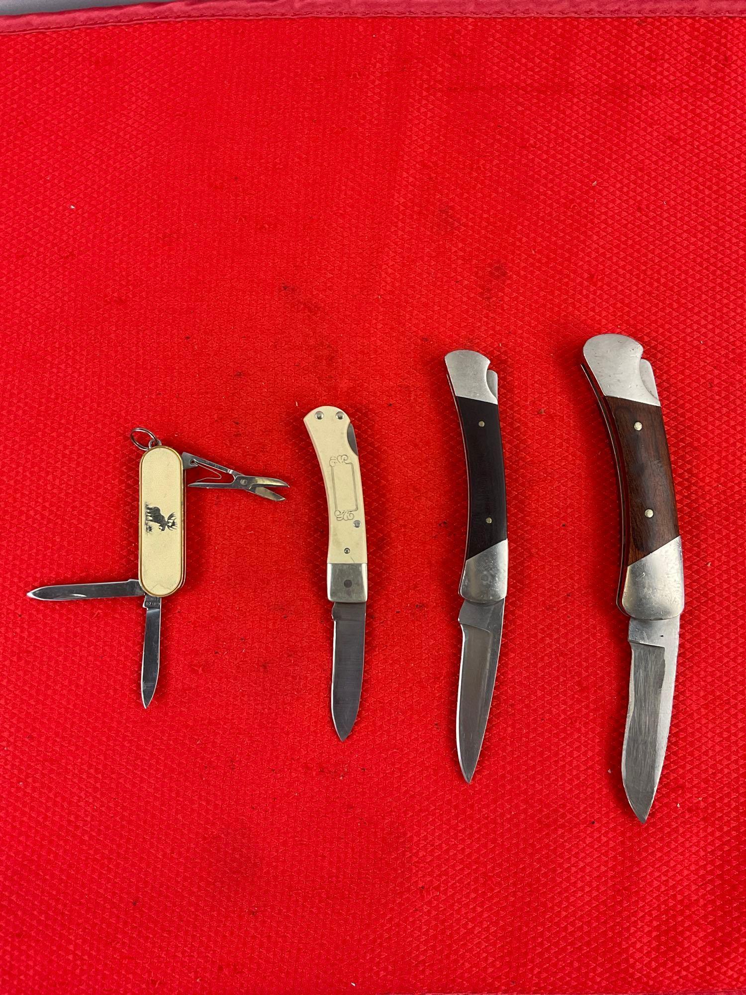 4 pcs Vintage Folding Blade Pocket Knife Assortment, 2x Buck, 1x Schrade Scrimshaw & 1 Barlow. See