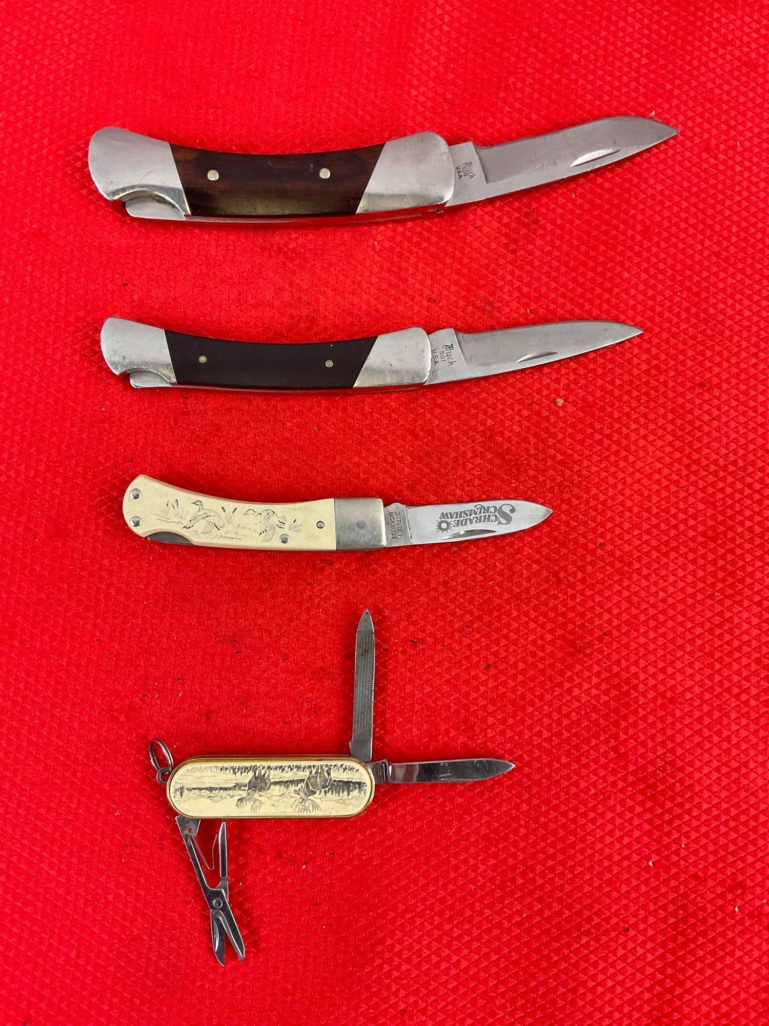 4 pcs Vintage Folding Blade Pocket Knife Assortment, 2x Buck, 1x Schrade Scrimshaw & 1 Barlow. See