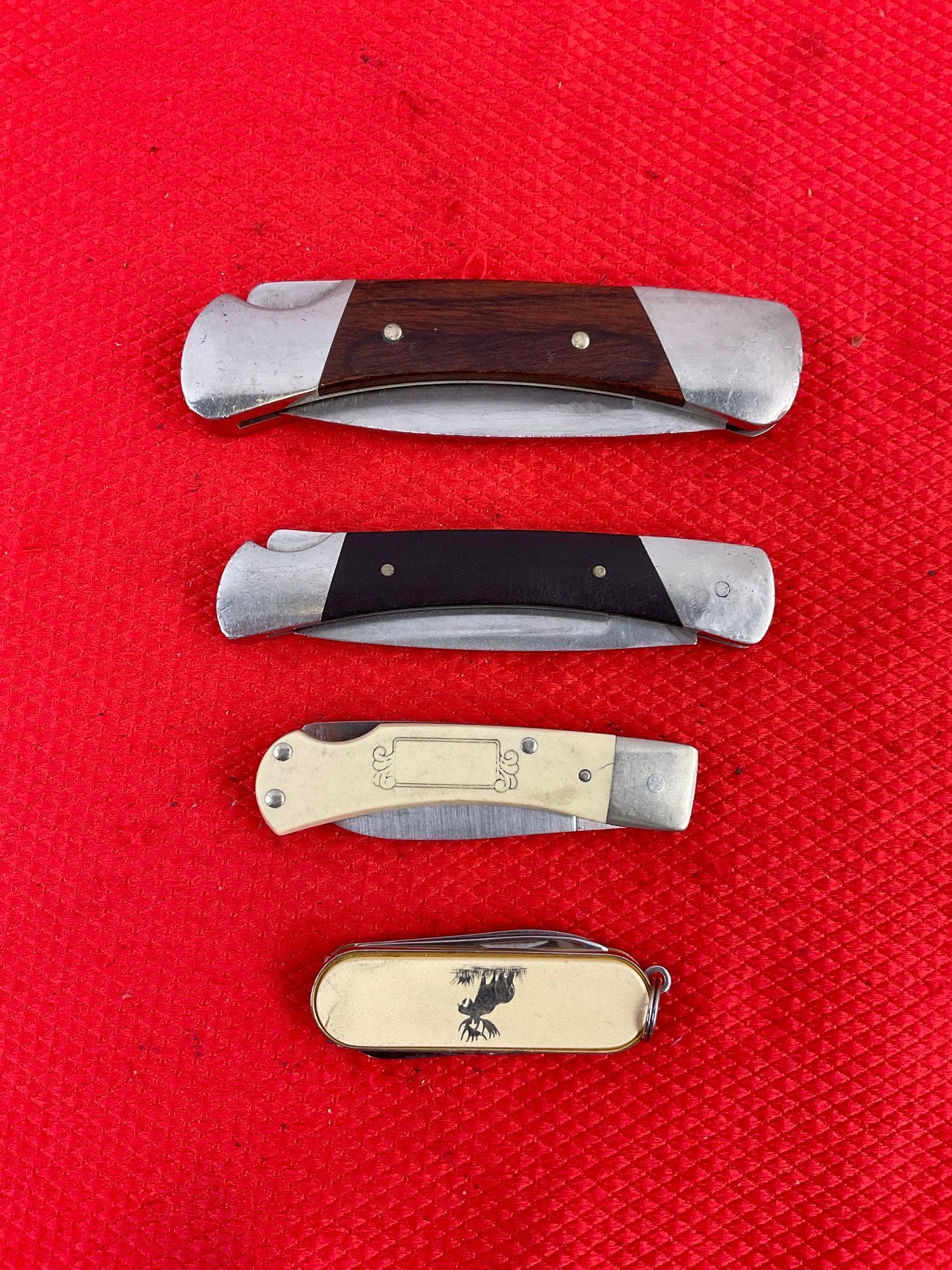 4 pcs Vintage Folding Blade Pocket Knife Assortment, 2x Buck, 1x Schrade Scrimshaw & 1 Barlow. See