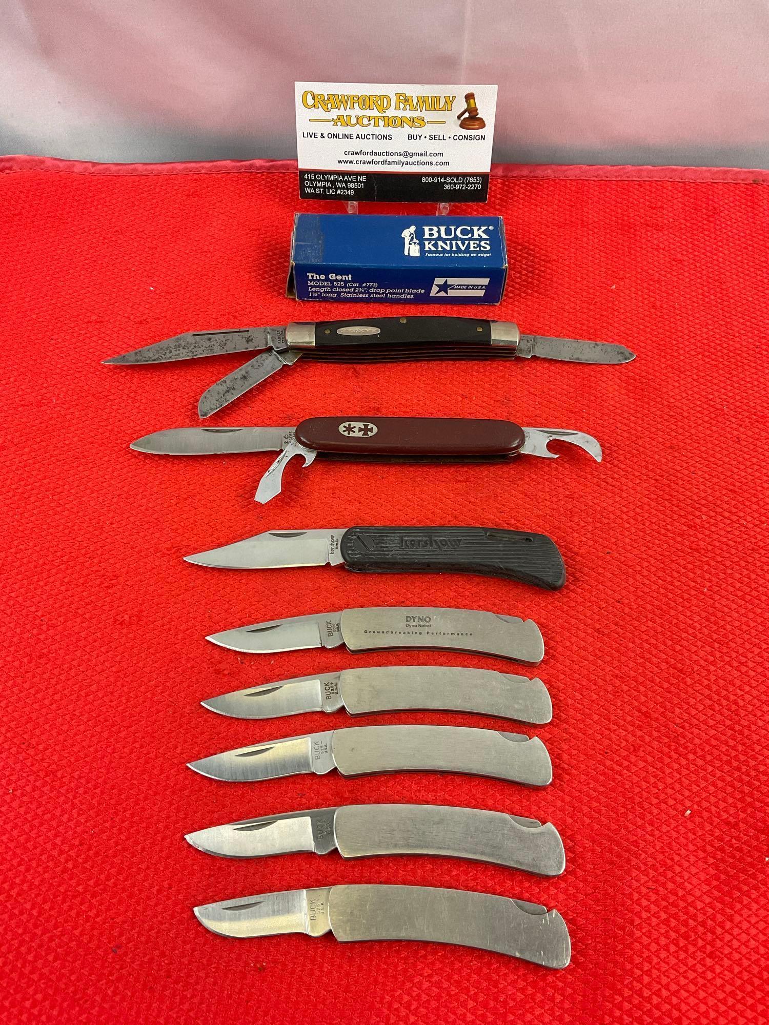 8 pcs Steel Folding Blade Pocket Knife Assortment. 5x Buck, 1x Kershaw, 1x Rodgers, 1x Ranger. See