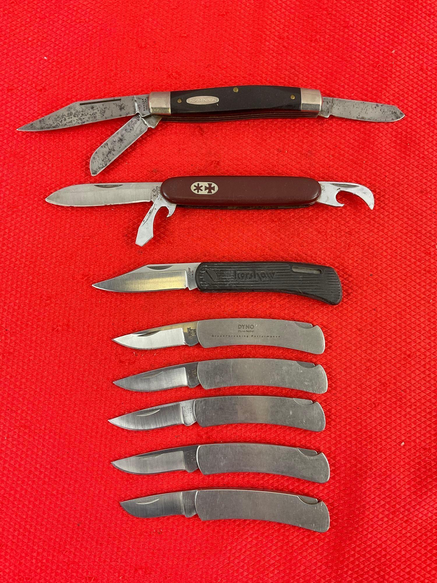 8 pcs Steel Folding Blade Pocket Knife Assortment. 5x Buck, 1x Kershaw, 1x Rodgers, 1x Ranger. See